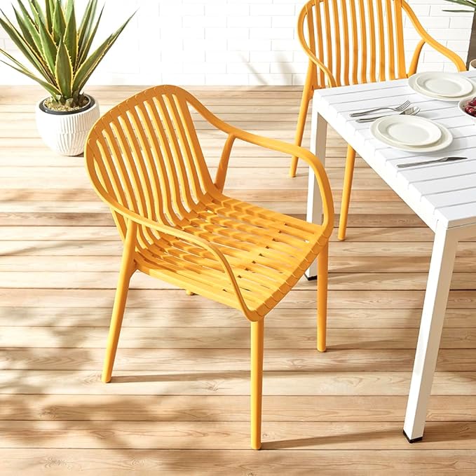 Modern Stackable Outdoor & Indoor Plastic Dining Chairs Set, Armchairs Set, Weather-Resistant, Ideal for Patios, Cafes, and Home Use, Set of 4 (Mustard Yellow)