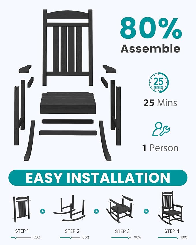 SERWALL HDPE Outdoor Rocking Chair Set of 2, Patio Rocking Chairs, All-Weather Porch Rockers for Adults, Black