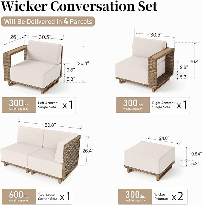 8 Pieces Patio Furniture Set,Outdoor Rattan Wicker Sectional Sofa with 10''Ultra-Thick Cushions,All Weather Patio Conversation Set for Lawn Garden Backyard,Beige