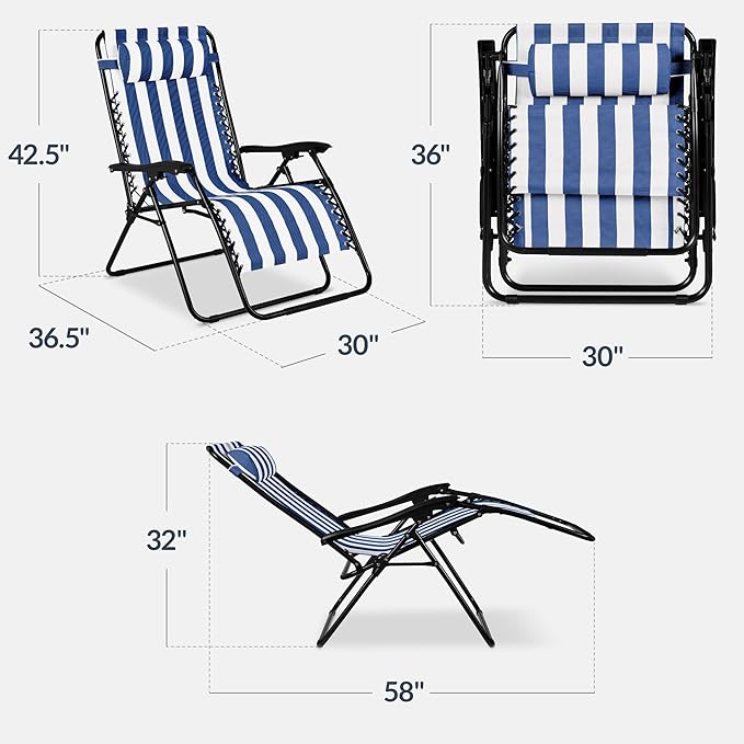 Best Choice Products Set of 2 Extra Wide Adjustable Steel Mesh Zero Gravity Lounge Chair Recliners w/Pillows and Cup Holder Trays - Mediterranean Blue Stripes