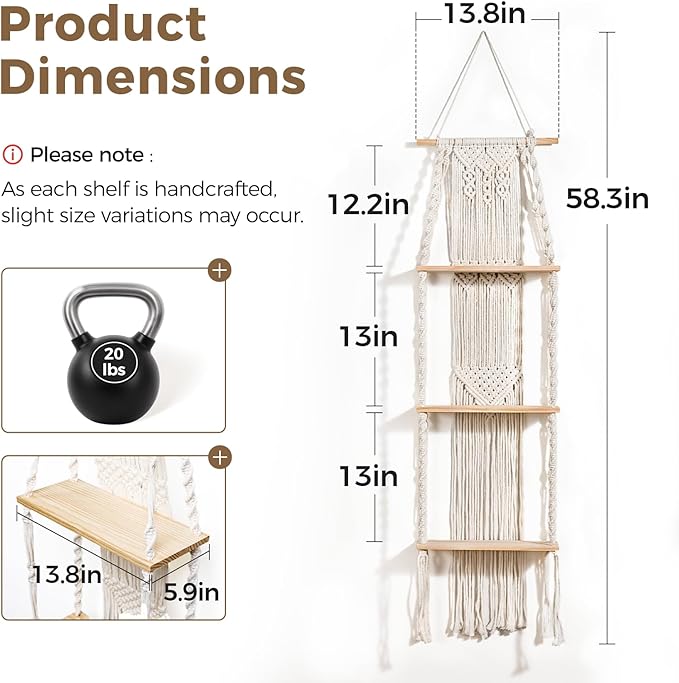 Bamworld Plant Wall Shelf Boho Plant Stand Window Plant Shelf 3 Tier Macrame Plant Hangers Boho Room Decor Hanging Shelf for Bedroom, Living Room, Balcony