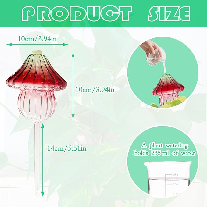 4 PCS Glass Mushroom Plant Watering Globes, 230 ML Large Self Watering Planter Insert Automatic Plant Waterer Bulbs Spikes Plants Water Stakes with Rubber Stopper for Indoor Outdoor Plants