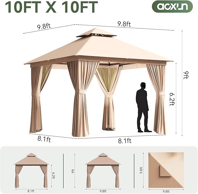 Aoxun 10x10 Outdoor Gazebo with 50FT LED Hanging Lights Metal Frame Canopy with Double Roofs Heavy Duty Party Tent Shelter with Mosquito Netting and Privacy Screen for Backyard, Lawn, Garden(Khaki)