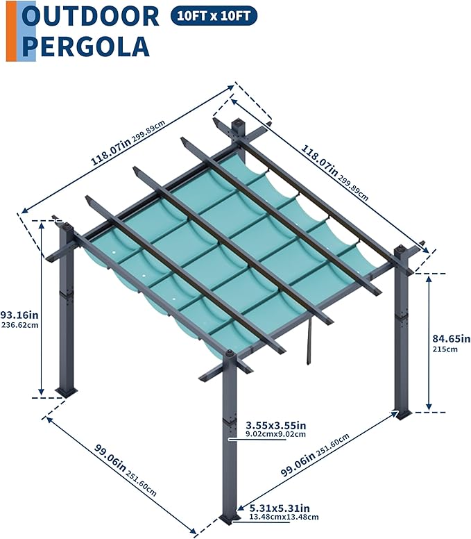 10 x 10 ft Aluminum Pergola with Adjustable Canopy, Outdoor Metal Pergola, Imitation Wood-Grain Sun Shade Shelter for Garden Patio Backyard Deck