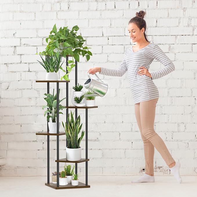 6 Tier Plant Stand Indoor Outdoor, Tall Metal Wood Muti-Level Planter Shelf Holder, Sturdy Large Vertical Corner Orchid Flower Pot Display Rack for Narrow House Decor Office Living Room Bedroom, Oak