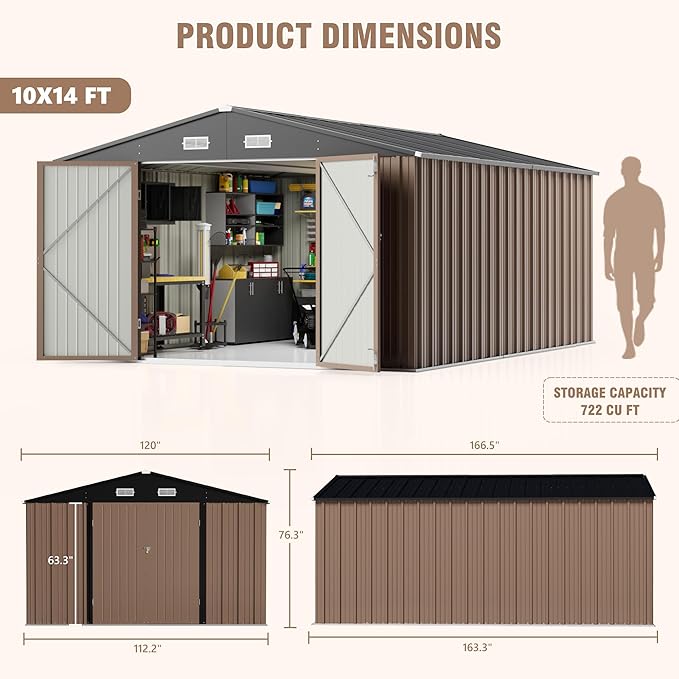 Greesum 10×14 FT Outdoor Storage Shed, Metal Storaged Sheds Without Floor, Tool Sheds with Lockable Doors and Sloping Roof for Garden, Patio, Brown