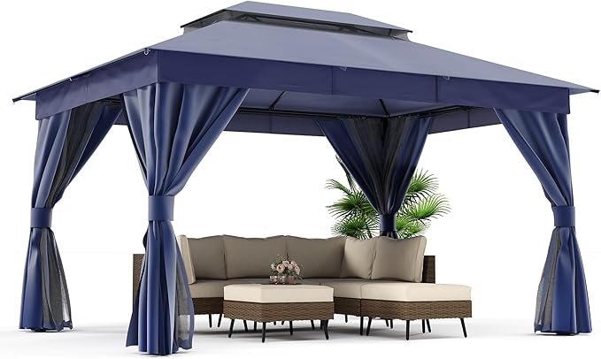 LAUSAINT HOME Semi-Permanent Outdoor Patio Gazebo 10'x13', Heavy Duty Party Tent Shelter with Double Roofs, Mosquito Nettings and Privacy Screens for Backyard, Garden, Lawn, Navy Blue