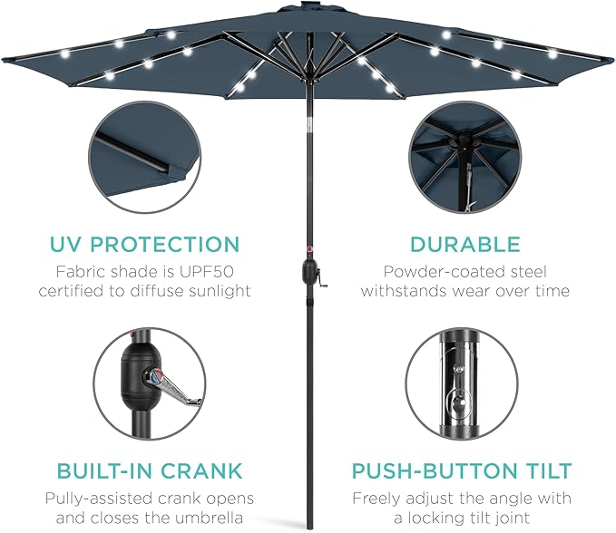 Best Choice Products 10ft Solar Polyester LED Lighted Patio Umbrella w/Tilt Adjustment and UV-Resistant Fabric