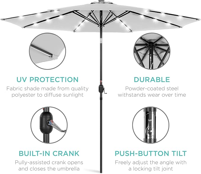Best Choice Products 10ft Solar Polyester LED Lighted Patio Umbrella w/Tilt Adjustment and UV-Resistant Fabric