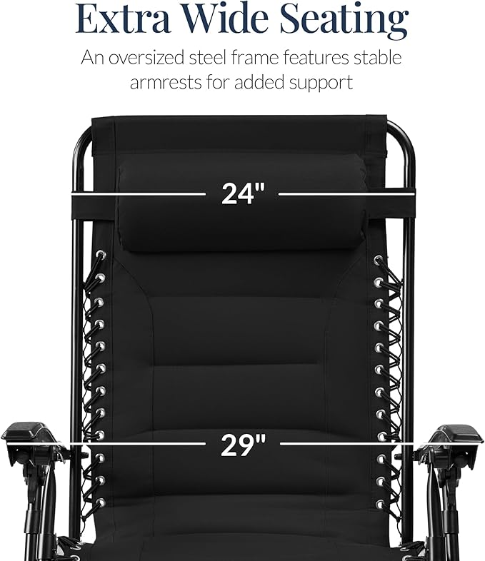 Best Choice Products Oversized Padded Zero Gravity Chair, Folding Outdoor Patio Recliner, XL Anti Gravity Lounger for Backyard w/Headrest, Cup Holder, Side Tray, Polyester Mesh - Black
