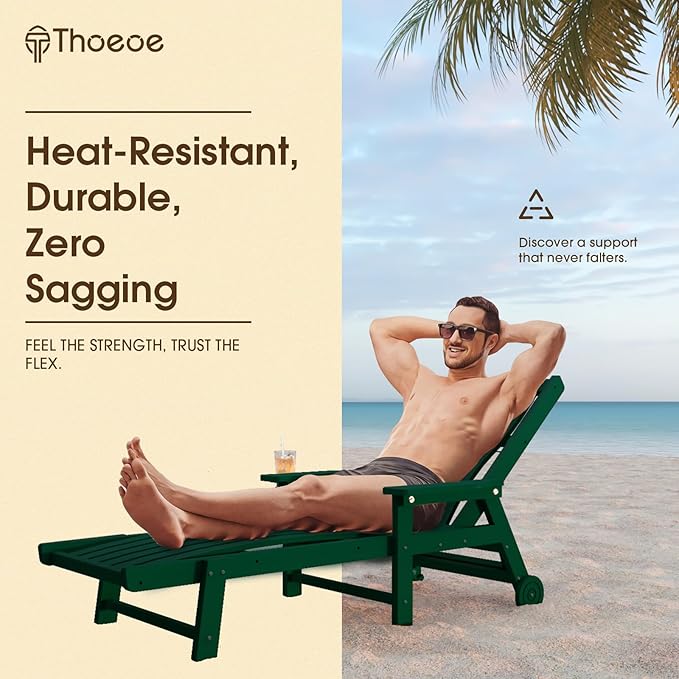Patio Chaise Lounge Chair Set of 2, Oversized Lounge Chair Outdoor with 5 Positions, HDPE, Patio Lounge Chair with Wheels & Cup Holder for Pool, Deck, Poolside,Green