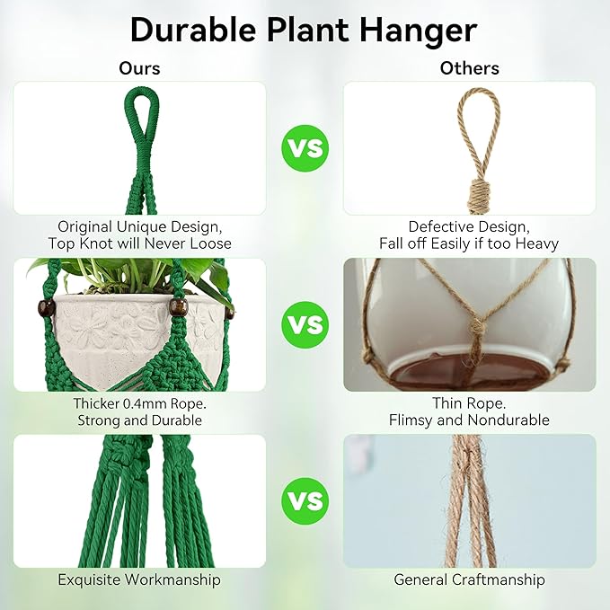 USLAI Macrame Plant Hanger Indoor Outdoor, Fits 3 to 6.5 inch Pots, Hanging Planter Holder with Beads and Tassels, Boho Home Decor, 35+35 Inch, Green (POTS NOT Included)