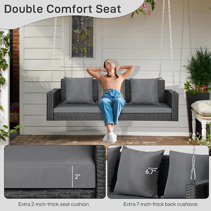 Outvita Porch Swing, 5FT Hanging Outdoor Porch Swings for Adults, Wicker 3 Person Patio Swing, with Cushion, Pillow and Chain for Garden, Backyard, Weight Capacity - 1000lbs