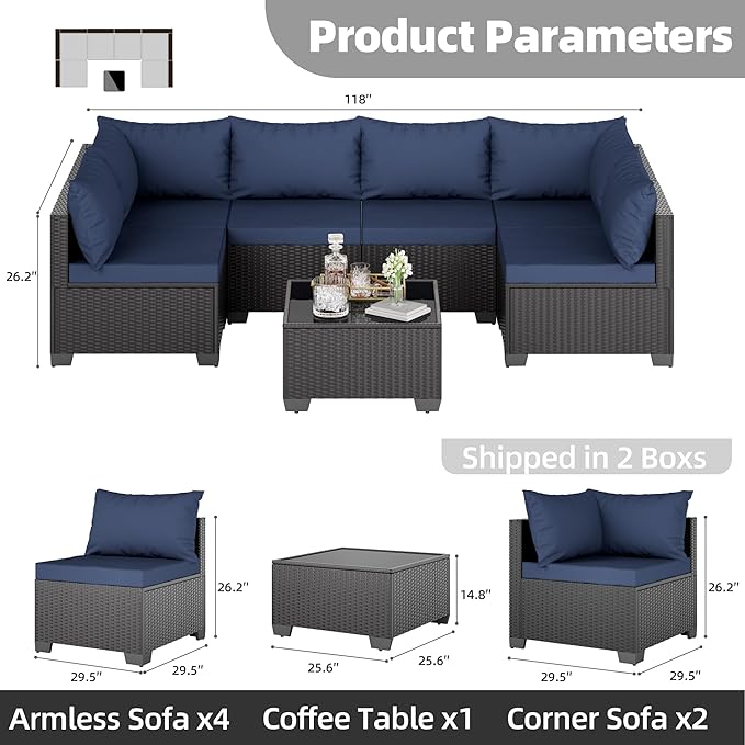 Skyfish 7 Pieces Patio Furniture Sofa - Outdoor Sectional Wicker Rattan Furniture with Cushion and Glass Table Patio Conversation Sets for Porch Poolside Backyard Outdoor Sofa Set Modular Sofa