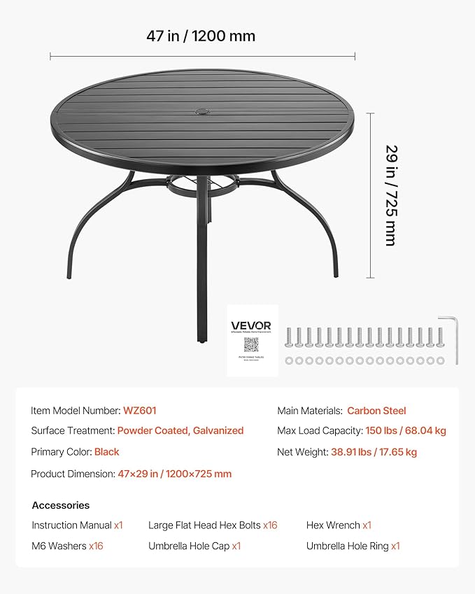 VEVOR Outdoor Patio Dining Table, 47 inch Round Metal Steel Slat Backyard Bistro Tables, with 1.5 in Umbrella Hole, Outside All-Weather Large Furniture for Lawn Garden Porch, Black