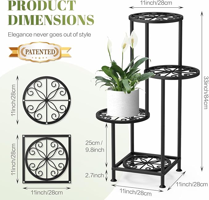 4 Tier Plant Stand Outdoor Indoor, Metal Flower Shelf Display Holder, Multiple Plants Corner Tall Flower Holders for Patio Balcony Porch Garden Living Room (Black)