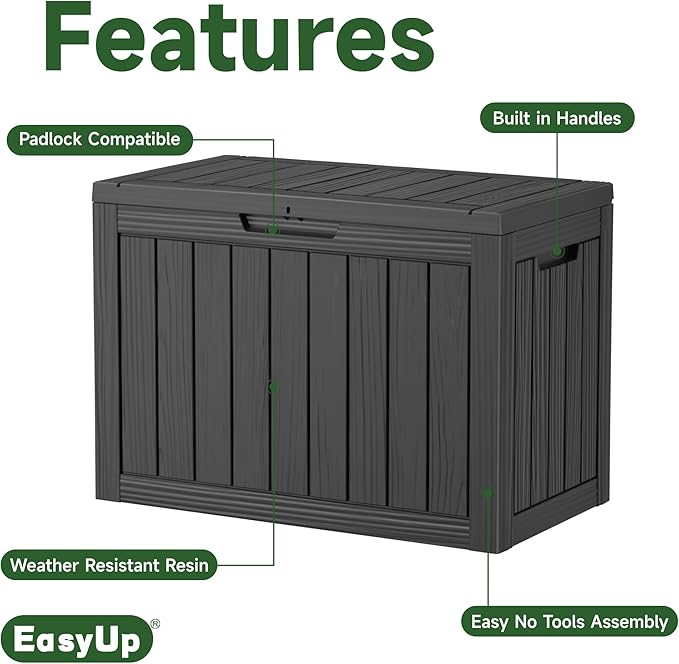 EasyUp 45 Gallon Outdoor Storage Box, Resin Waterproof UV-Resistant Deck Box, Reinforced Stability for Patio, Garden, and Poolside, Striped Black