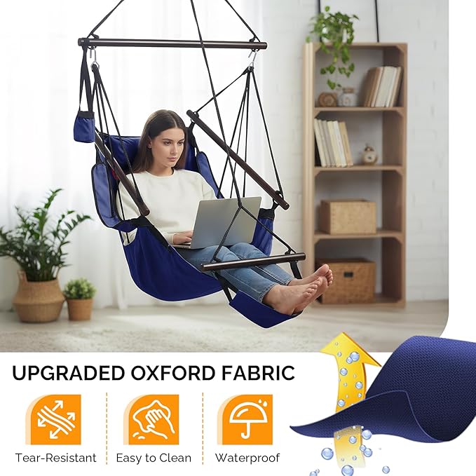 ONCLOUD Upgraded Unique Hammock Hanging Sky Chair, Air Deluxe Swing Seat with Rope (Navy Blue)