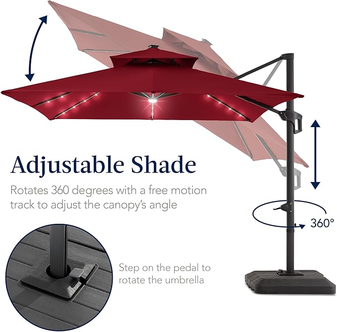 Best Choice Products 12x12ft LED Cantilever Patio Umbrella w/Base Included & 360° Rotation, Large Solar Offset Hanging Outdoor Sun Shade for Deck, Backyard Table w/Stand & Lights – Burgundy