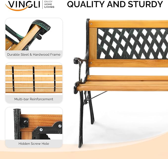 VINGLI Outdoor Bench Metal Garden Bench, Wood Patio Benches w/PVC Backrest Cast Iron Love Seat Park Benches for Porch Yard (Diamond)