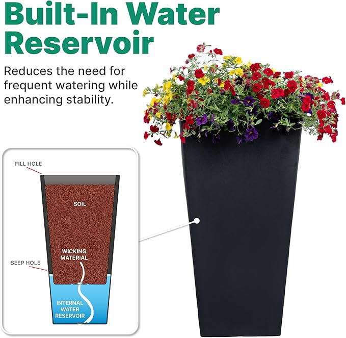 Step2 Tremont Tall Square Tapered Planter, 28", Indoor/Outdoor Plants, Efficient Drainage, Durable Resin, Onyx Black