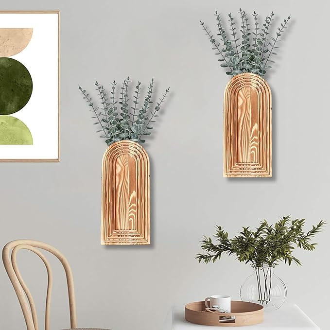 2 Pack Wooden Wall Vase Set - Brown Finish Modern Farmhouse & Boho Wall Decor for Entryway, Hallway, Bathroom, Living Room, Dining Room, Narrow Spaces