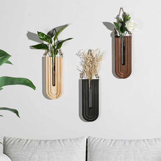 Indoor Wood Wall Planter Set of 3 for Plants - Boho Handmade Hanging Propagation Station with Curved Rainbow Design, Wall Mounted Vase for Flowers, Natural Home Decor Living Room Entryway