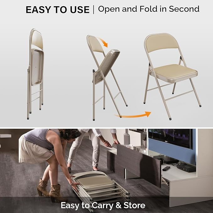 VINGLI 10 Pack Folding Chairs with Padded Seats, Metal Frame with Pu Leather Seat & Back, Capacity 350 lbs, Set of 10, Khaki