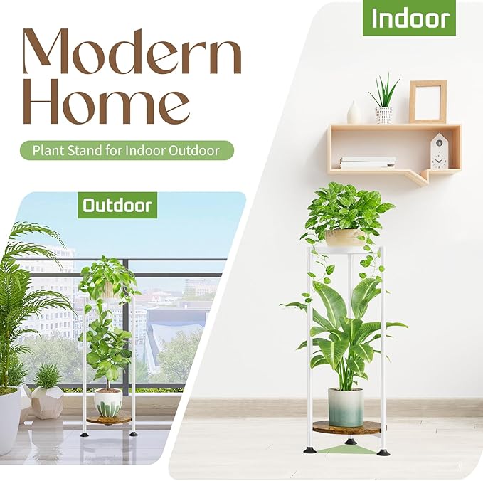 iDavosic.ly 2 Tier Corner Plant Stand Indoor, 30 Inch Tall Vertical Metal Flower Heavy Duty Pot Holder Shelf Outdoor for Patio Porch Living Room, White & Rustic Brown - Round