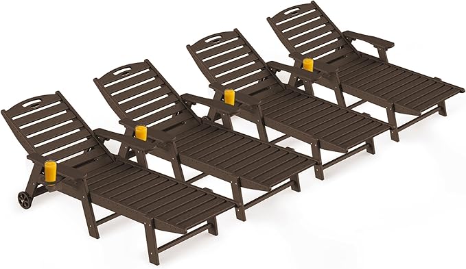 Ciokea Outdoor Lounge Chair Set of 4, All Weather Patio Chaise Lounge Chair for Outside, HDPE Chair with Rolling Wheels & Cup Holder, 5 Position, Deck, Pool, Dark Brown