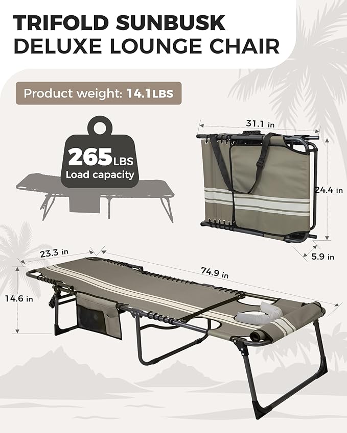 KingCamp Tanning Chair with Face Hole, Lounge Chairs Outdoor Folding Comfy Adjustable 5-Position Lay Flat Foldable Chaise Chaser Lounger for Outside Beach Patio Sun Bathing Pool, Grey/White