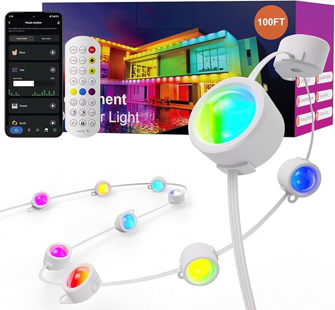 Fitop Permanent Outdoor Lights, 100FT RGB LED Eaves Light for Home, IP67 Waterproof Outdoor Strip Light, Extendable, DIY Scene Modes, Music Sync, App/Remote Control