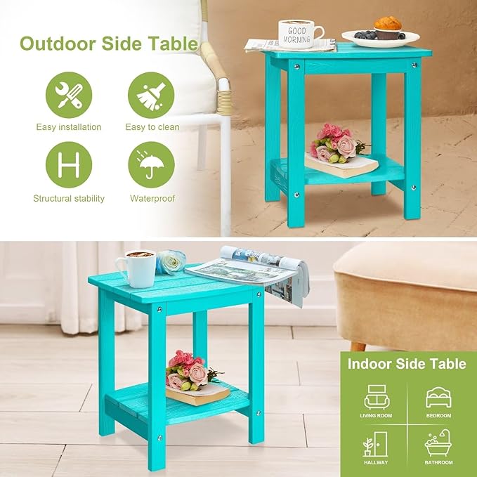 Y&M Outdoor Side Table, HIPS Adirondack Small Double Layer Table, Waterproof Square Balcony Modern End Tables for Patio, Pool, Beach, Porch, Deck, Indoor or Outdoor Use, Aruba Blue