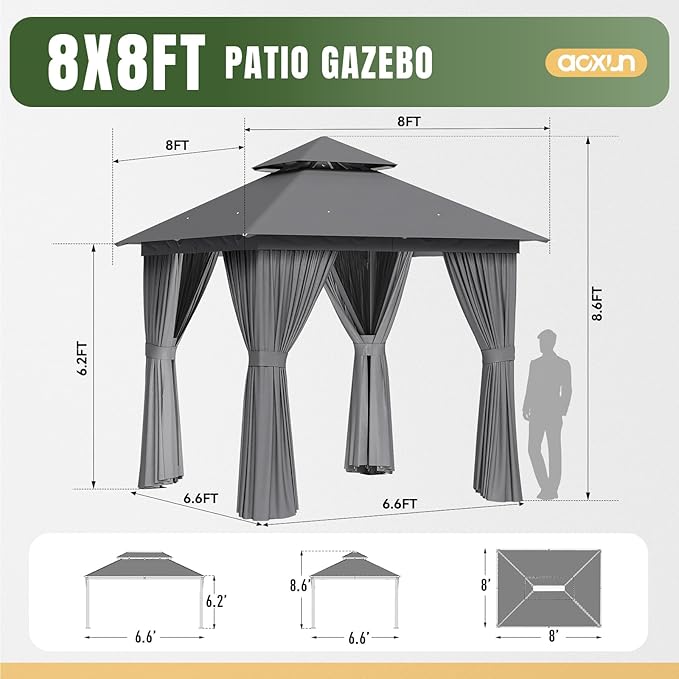 Aoxun Outdoor Gazebo for Patio 8x8, Metal Frame Canopy with Double Roofs, Heavy Duty Party Tent and Shelter with Mosquito Netting and Privacy Screen for Backyard, Lawn, Garden, Deck (Grey)