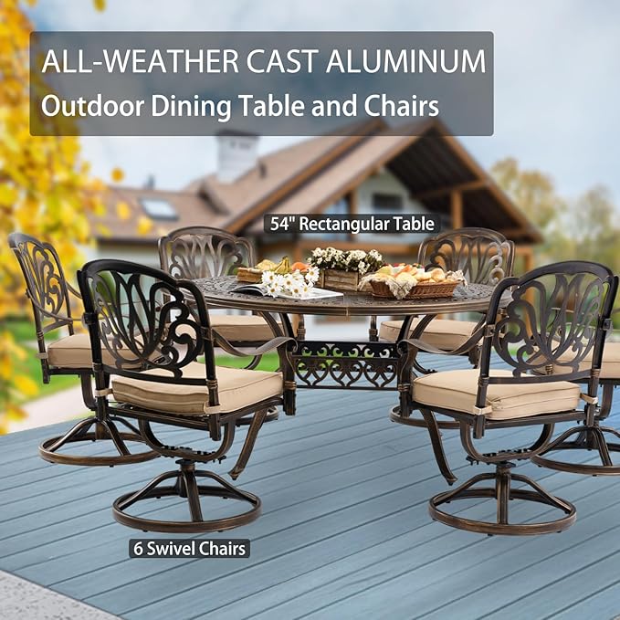 7-Piece Cast Aluminum Patio Furniture, Patio Dining Set for 6 Include 54" Round Outdoor Dining Table and 6 Swivel Chairs with Cushions & Umbrella Hole (Bronze)