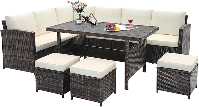 Tangkula 7 Pieces Wicker Patio Furniture Set, Rattan Sofa with Coffee Table, Ottomans & White Cushions, Sectional Conversation Sofa Set for Porch, Poolside, Balcony Yard Garden (White)