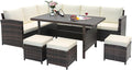Tangkula 7 Pieces Wicker Patio Furniture Set, Rattan Sofa with Coffee Table, Ottomans & White Cushions, Sectional Conversation Sofa Set for Porch, Poolside, Balcony Yard Garden (White)