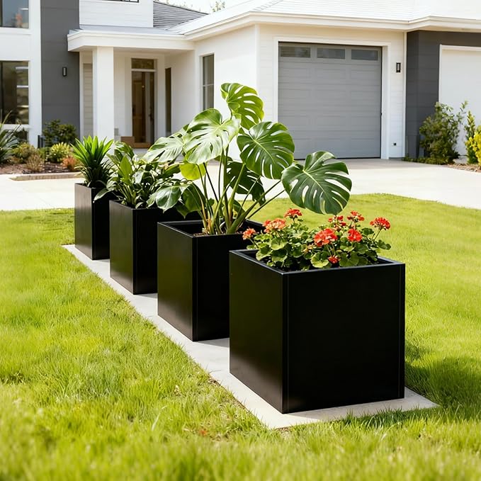 Galvanized Steel Planter Box Black Metal Planter Large Square 32Inch Indoor Outdoor Planters Cube Steel Heavy Duty Flower Pot Powder Coating Modern Commercial Residential for Patio, Yard, Garden