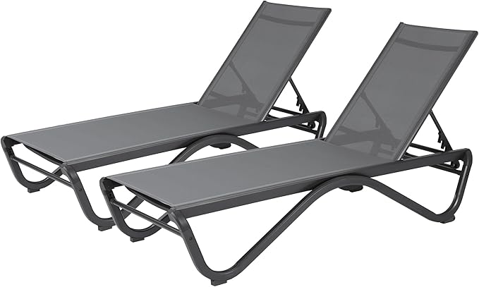 Kozyard Outdoor Chaise Lounge Chair, Full Flat Adjustable Patio Lounger with Aluminum Frame & Resin Legs, Textilene Fabric for Poolside, Backyard & Beach (Gray, 2Chairs)