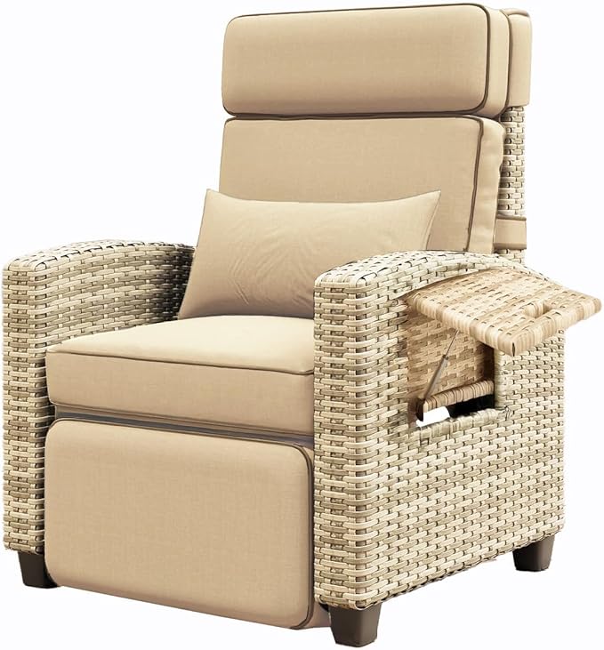 Garvee Outdoor Recliner Chair, 145° Adjustable Backrest & Footrest Lounge Chair with Removable Cushion and Flip-Up Side Table, All-Weather PE Wicker & Steel Frame for Poolside, Deck, Balcony, Khaki