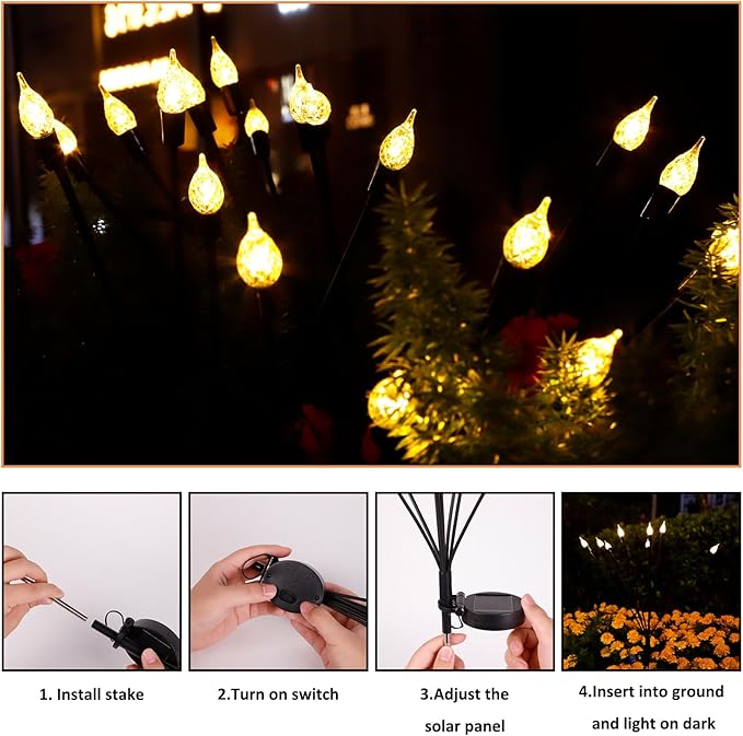 2 Pack Each 8 LEDs Solar Garden Lights Waterproof Outdoor Landscape Path Firefly Lights Single Spike Bulb Swaying Light Warm White