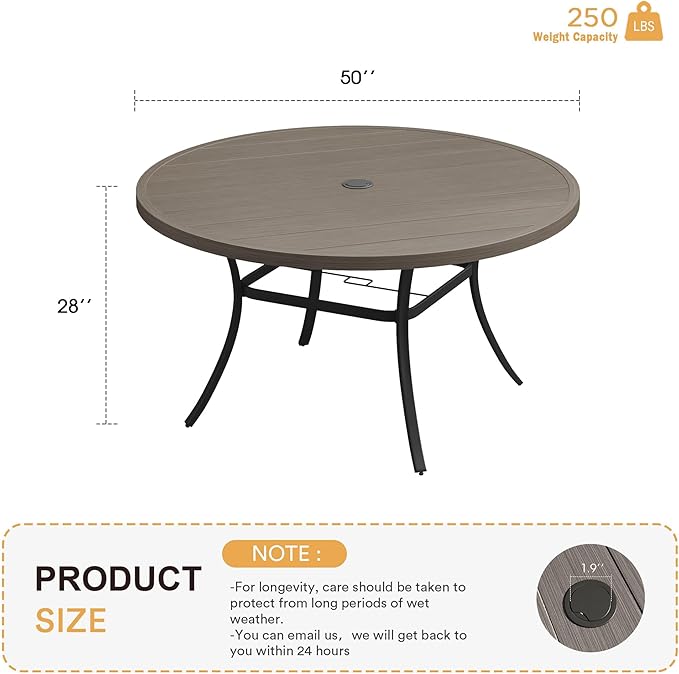 VICLLAX 50" Outdoor Round Patio Table with Umbrella Hole, All Weather Metal Round Outdoor Dining Table for Lawn Garden, 6-8 Person Table, Grey Wood Grain