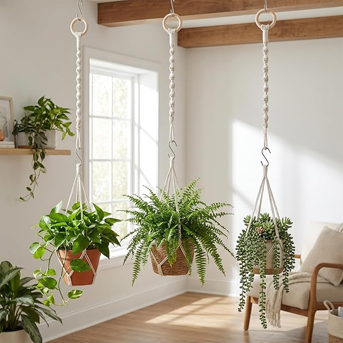 3 Pcs Adjustable Macrame Plant Hanger Extenders with Wooden Ring Handmade Woven Hanging Basket Extension Connectable Rope Hanging Plant Extender for Outdoor Indoor Plants Pot Holder Home Decor