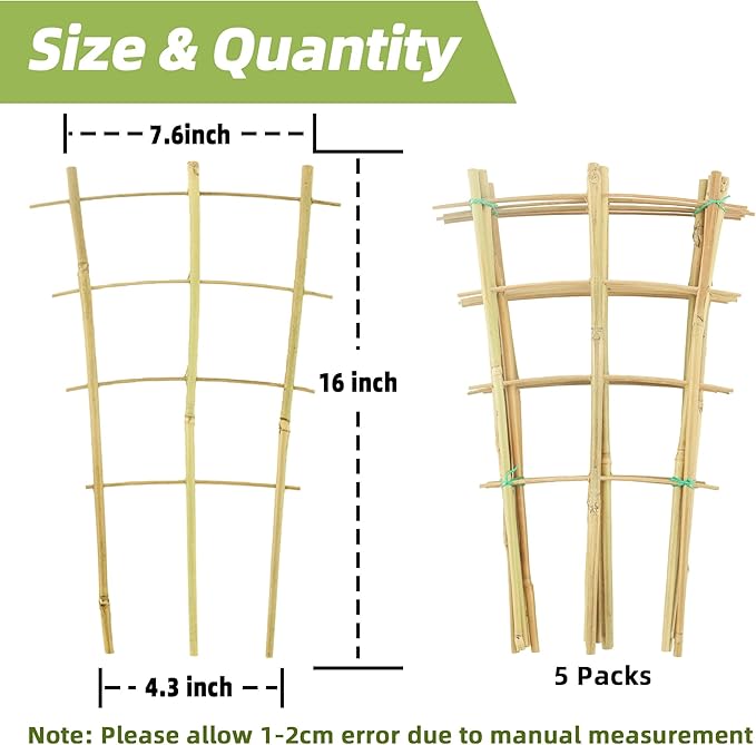 5 Pack 16" Bamboo Trellis for Climbing Plants-Natural Garden Ladder Fan -Shaped Plants Support Trellis for Potted Plant Decor in Door