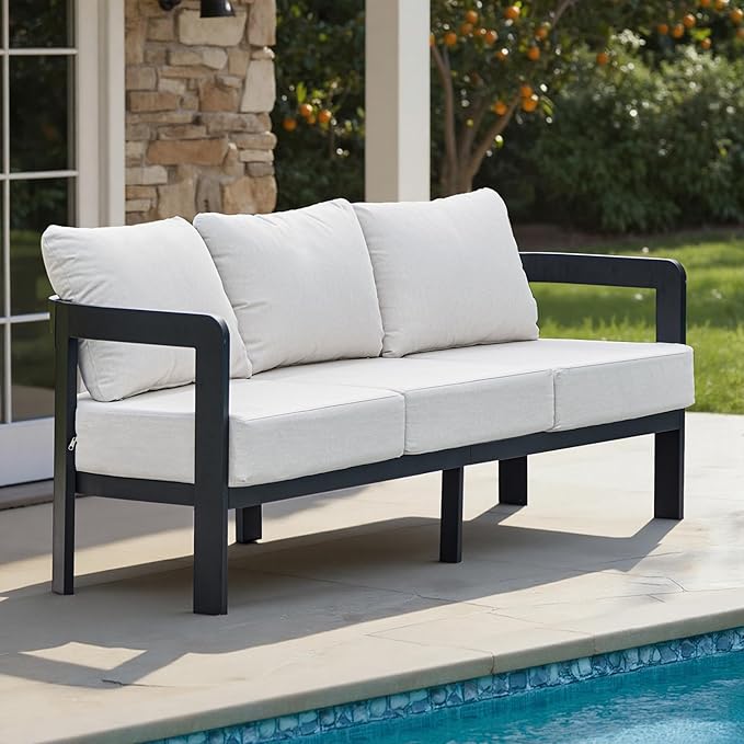 Outdoor Couch Aluminum Patio Furniture, 3-Seat All-Weather Metal Modern Patio Sofa with Washable Thick Cushion for Garden/Backyard/Porch, White
