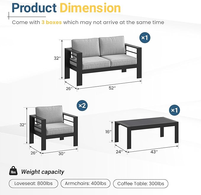 Solaste Aluminum Outdoor Patio Furniture Set, 4 Seats Patio Sectional Sofa with 5" Thick Cushion, Outdoor Patio Set with Coffee Table for Porch, Backyard, Deck, Yard, Light Grey