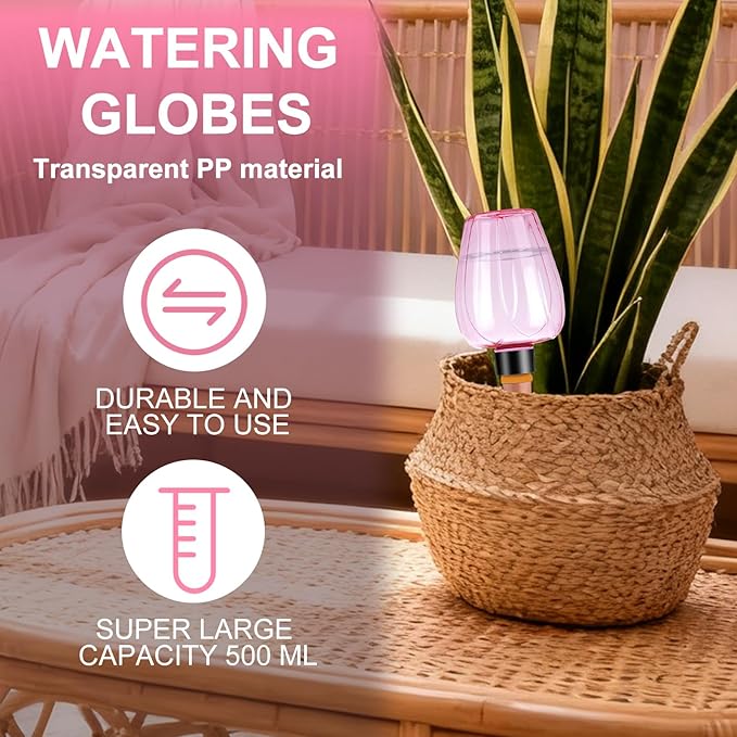 8 Pcs Plant Watering Globes Self Watering Planter Insert Plants Top Fill Water Device Plastic Water Bulbs Slow Release Terracotta for Plants, Pink