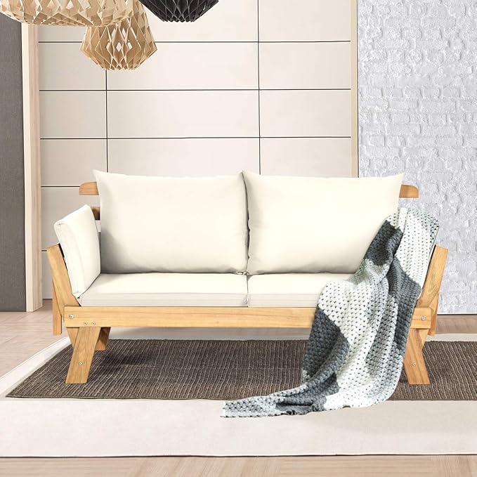 Tangkula Convertible Acacia Wood Patio Couch Sofa Bed with Adjustable Armrest, Outdoor Daybed with Cushion & Pillows, Outside Folding Futon Sofa Couch Bench for Porch, Courtyard, Poolside & Garden