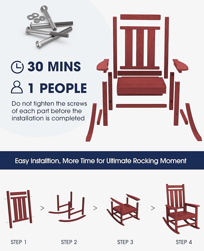 KINGYES Oversized Outdoor Rocking Chair, All-Weather Patio Rocking Chairs for Porch, HDPE Outdoor Patio Rockers with High Back & Wide Seat for Garden, Lawn, Red