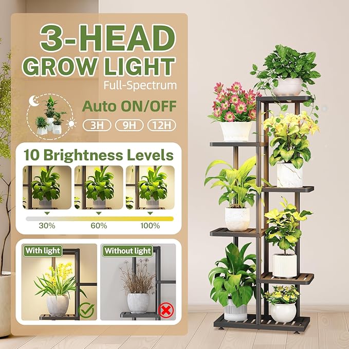 iDavosic.ly Plant Stand with Grow Light Indoor Outdoor, 5-Tier Tall Metal Flower Shelf for Heavy-Duty Large Planters, Corner Orchid Display Rack for Living Room Balcony Patio Porch, Modern Black